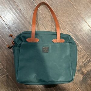 Filson Forest Green Tote with Brown Leather Straps